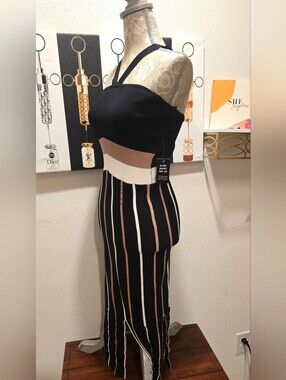 Express XS Black Striped Halter Knit Midi Bodycon Dress with Neutral Waistband